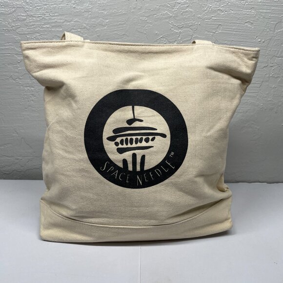 Seattle Space Needle Canvas Tote Bag Black Graphic Hook Loop Closure Cotton - Picture 2 of 9